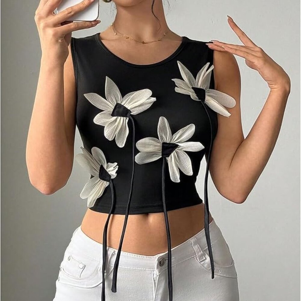 3D Flower Crew Neck Tank Top